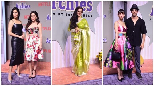 Katrina Kaif, Isabelle Kaif, Rekha, Saba Azad and Hrithik Roshan at The Archies premiere. Katrina Kaif, Isabelle Kaif, Rekha, Saba Azad and Hrithik Roshan at The Archies premiere.