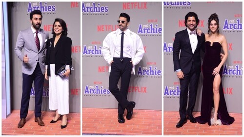 Ranbir Kapoor, Neetu Kapoor, Ranveer Singh, Farhan Akhtar and Shibani Akhtar at The Archies premiere. Ranbir Kapoor, Neetu Kapoor, Ranveer Singh, Farhan Akhtar and Shibani Akhtar at The Archies premiere.