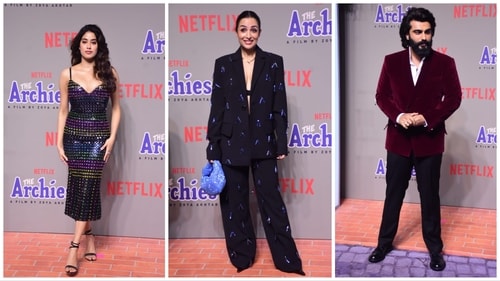 Janhvi Kapoor, Malaika Arora and Arjun Kapoor at The Archies premiere. Janhvi Kapoor, Malaika Arora and Arjun Kapoor at The Archies premiere.