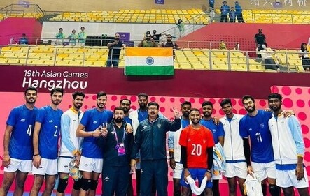 Indian volleyball team after the win over Korea. Ashwal is second from right. (SAI)