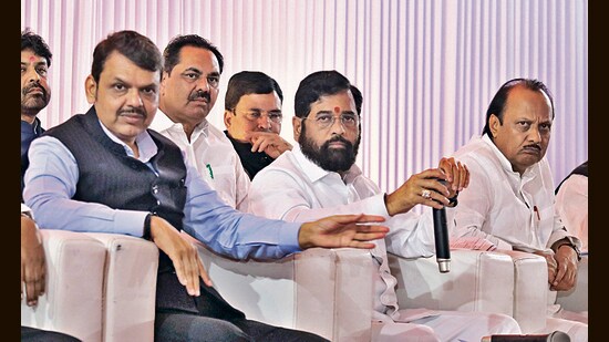 Nagpur: Maharashtra Chief Minister Eknath Shinde with Deputy Chief Ministers Devendra Fadnavis and Ajit Pawar during a press conference ahead of the Winter session of Maharashtra Assembly, in Nagpur, Wednesday. (PTI)