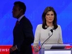 Republican presidential candidate and former U.S. Ambassador to the United Nations Nikki Haley looks on as fellow candidate businessman Vivek Ramaswamy passes by, during a break at the fourth Republican candidates' U.S. presidential debate of the 2024 U.S. presidential campaign at the University of Alabama in Tuscaloosa, Alabama, U.S. December 6, 2023. REUTERS/Brian Snyder