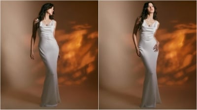 Shanaya's gown comes in a captivating snow-white colour and features luxurious satin fabric, a plunging neckline, a figure-hugging fit that accentuates her gorgeous curves and a fishtail hemline adding an elegant touch. (Instagram/@shanayakapoor02) Shanaya's gown comes in a captivating snow-white colour and features luxurious satin fabric, a plunging neckline, a figure-hugging fit that accentuates her gorgeous curves and a fishtail hemline adding an elegant touch. (Instagram/@shanayakapoor02)