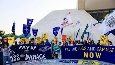 Activists hold placards and shout slogans during a protest, at the United Nations Climate Change Conference COP28 in Dubai, United Arab Emirates, on Wednesday. (REUTERS) Activists hold placards and shout slogans during a protest, at the United Nations Climate Change Conference COP28 in Dubai, United Arab Emirates, on Wednesday. (REUTERS)
