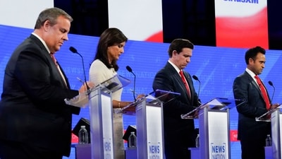Republican presidential candidates from left, former New Jersey Gov. Chris Christie, former U.N. Ambassador Nikki Haley, Florida Gov. Ron DeSantis, and businessman Vivek Ramaswamy during a Republican presidential primary debate hosted by NewsNation on Wednesday, Dec. 6, 2023, at the Moody Music Hall at the University of Alabama in Tuscaloosa, Ala. (AP Photo/Gerald Herbert) (AP) Republican presidential candidates from left, former New Jersey Gov. Chris Christie, former U.N. Ambassador Nikki Haley, Florida Gov. Ron DeSantis, and businessman Vivek Ramaswamy during a Republican presidential primary debate hosted by NewsNation on Wednesday, Dec. 6, 2023, at the Moody Music Hall at the University of Alabama in Tuscaloosa, Ala. (AP Photo/Gerald Herbert) (AP)