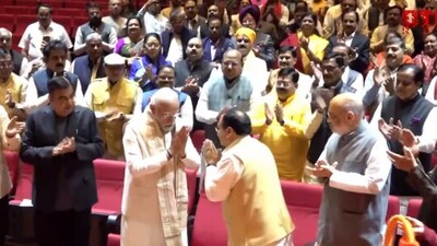 PM Modi welcomed at the parliamentary party meeting. (PTI) PM Modi welcomed at the parliamentary party meeting. (PTI)