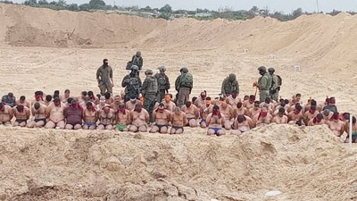 Dozens of Palestinian men, purported to be Hamas fighters captured by the Israeli military, were stripped to their underwear and paraded in Gaza's Palestine Square, a location once used for Hamas rallies. (X) Dozens of Palestinian men, purported to be Hamas fighters captured by the Israeli military, were stripped to their underwear and paraded in Gaza's Palestine Square, a location once used for Hamas rallies. (X)
