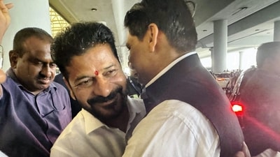 Telangana state Congress President Revanth Reddy welcomes the party MP Deepender Singh Hooda (PTI) Telangana state Congress President Revanth Reddy welcomes the party MP Deepender Singh Hooda (PTI)