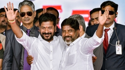 Telangana CM Revanth Reddy and Dy CM Mallu Bhatti Vikramarka after taking oath at the swearing-in ceremony in Hyderabad. (PTI) Telangana CM Revanth Reddy and Dy CM Mallu Bhatti Vikramarka after taking oath at the swearing-in ceremony in Hyderabad. (PTI)