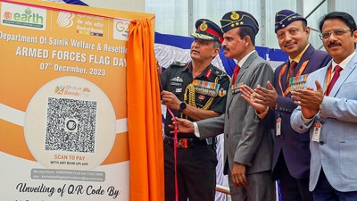ASC Centre Commandant Lt. General BK with Lt General Venkatesh Reddy, AVSM (retd) and others unveils the QR code for contribution to Armed Forces Flag Day fund during the Armed Forces Flag Day event at Raj Bhavan in Bengaluru. (PTI) ASC Centre Commandant Lt. General BK with Lt General Venkatesh Reddy, AVSM (retd) and others unveils the QR code for contribution to Armed Forces Flag Day fund during the Armed Forces Flag Day event at Raj Bhavan in Bengaluru. (PTI)