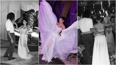 For the reception party, Vanessa chose another Vera Wang look. She chose a romantic white gown made from strapless macrame lace and silk mousseline. It has a strapless plunging neckline, a flowy tulle skirt, and a lace-embroidered corset bodice. As for the makeup, she stuck with her wedding glam for the reception look. (Instagram) For the reception party, Vanessa chose another Vera Wang look. She chose a romantic white gown made from strapless macrame lace and silk mousseline. It has a strapless plunging neckline, a flowy tulle skirt, and a lace-embroidered corset bodice. As for the makeup, she stuck with her wedding glam for the reception look. (Instagram)