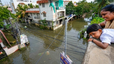 An inundated area amid floods after heavy rainfall in the aftermath of Cyclone Michaung, in Chennai. (PTI) An inundated area amid floods after heavy rainfall in the aftermath of Cyclone Michaung, in Chennai. (PTI)
