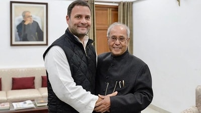 Congress Vice President Rahul Gandhi being greeted by former president Pranab Mukherjee. (PTI) Congress Vice President Rahul Gandhi being greeted by former president Pranab Mukherjee. (PTI)