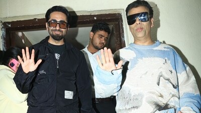 Ayushmann Khurrana and Karan Johar were spotted together outside a movie theatre Wednesday evening. It's not clear if they watched Vicky Kaushal's Sam Bahadur or Ranbir Kapoor's Animal. Ayushmann Khurrana and Karan Johar were spotted together outside a movie theatre Wednesday evening. It's not clear if they watched Vicky Kaushal's Sam Bahadur or Ranbir Kapoor's Animal. 