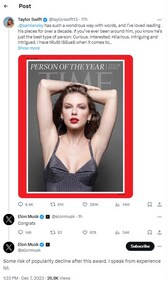 Elon Musk joked about decline in Taylor Swift's popularity after her recent honour. Elon Musk joked about decline in Taylor Swift's popularity after her recent honour.
