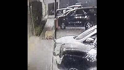 A video grab of the leopard spotted in the parking of the Centra Greens society on Pakhowal Road in Ludhiana on Thursday night. (CCTV footage)