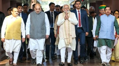 Prime Minister Narendra Modi with Union Minister Amit Shah, Pralhad Joshi, BJP National President JP Nadda and Union Minister of State for Parliamentary Affairs Arjun Ram Meghwal. (Narendra Modi-X) Prime Minister Narendra Modi with Union Minister Amit Shah, Pralhad Joshi, BJP National President JP Nadda and Union Minister of State for Parliamentary Affairs Arjun Ram Meghwal. (Narendra Modi-X)