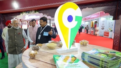 Prime Minister Narendra Modi inspects an exhibition at the venue of the Global Investors Summit 2023, in Dehradun on Friday. (ANI) Prime Minister Narendra Modi inspects an exhibition at the venue of the Global Investors Summit 2023, in Dehradun on Friday. (ANI)