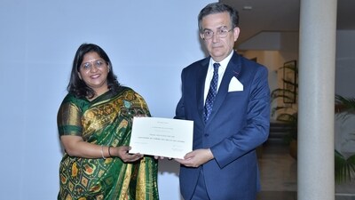 French Ambassador to India Thierry Mathou on Thursday conferred the insignia of Chevalier dans l'Ordre des Arts et des Lettres (Knight of the Order of Arts and Letters) on Executive Director of Vani Prakashan Aditi Maheshwari at a special ceremony at the French Embassy in India. (X(formerly Twitter)/@thierry_mathou) French Ambassador to India Thierry Mathou on Thursday conferred the insignia of Chevalier dans l'Ordre des Arts et des Lettres (Knight of the Order of Arts and Letters) on Executive Director of Vani Prakashan Aditi Maheshwari at a special ceremony at the French Embassy in India. (X(formerly Twitter)/@thierry_mathou)