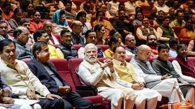 Prime Minister Narendra Modi, Union Ministers Amit Shah, Nitin Gadkari, Sarbananda Sonowal, BJP National President JP Nadda and other leaders during the BJP Parliamentary Party meeting, at the Parliament House in New Delhi on Dec. 7, 2023. (PTI) Prime Minister Narendra Modi, Union Ministers Amit Shah, Nitin Gadkari, Sarbananda Sonowal, BJP National President JP Nadda and other leaders during the BJP Parliamentary Party meeting, at the Parliament House in New Delhi on Dec. 7, 2023. (PTI)