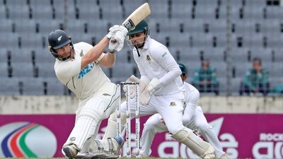 New Zealand's Glenn Phillips bats during the third day of the second test cricket match between Bangladesh and New Zealand in Dhaka (AP)