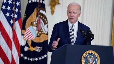 FILE - President Joe Biden speaks in the East Room of the White House, Oct. 30, 2023, in Washington. Biden is heading to Las Vegas to showcase $8.2 billion in funding for 10 major passenger rail projects across the country. The money includes funding to spur work on high-speed, electric train routes that could one day link Nevada and California, as well as Los Angeles and San Francisco. (AP Photo/Evan Vucci, File) (AP) FILE - President Joe Biden speaks in the East Room of the White House, Oct. 30, 2023, in Washington. Biden is heading to Las Vegas to showcase $8.2 billion in funding for 10 major passenger rail projects across the country. The money includes funding to spur work on high-speed, electric train routes that could one day link Nevada and California, as well as Los Angeles and San Francisco. (AP Photo/Evan Vucci, File) (AP)