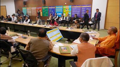 Chief minister Yogi Adityanath during the meeting with GB Nagar officials on Friday. (HT Photo)