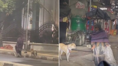 The image shows a homeless man with his dog. (X/@vinodkapri) The image shows a homeless man with his dog. (X/@vinodkapri)