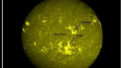 Among the notable features revealed are sunspots, plage, and quiet Sun regions. (ISRO) Among the notable features revealed are sunspots, plage, and quiet Sun regions. (ISRO)