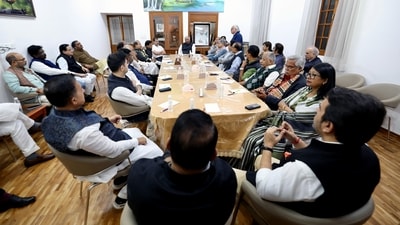 Congress leader Rahul Gandhi and INDIA leaders attend a meeting at the residence of Congress National President Mallikarjun Kharge in New Delhi on December 6. (ANI)