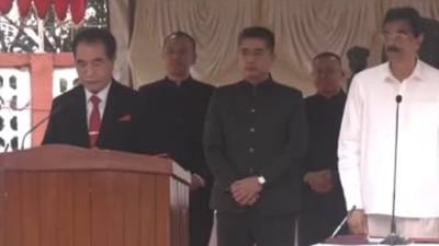 Mizoram Governor Hari Babu Kambhampati (in white clothes) administered the oath of office and secrecy to Lalduhoma at the Raj Bhavan complex. (ANI) Mizoram Governor Hari Babu Kambhampati (in white clothes) administered the oath of office and secrecy to Lalduhoma at the Raj Bhavan complex. (ANI)