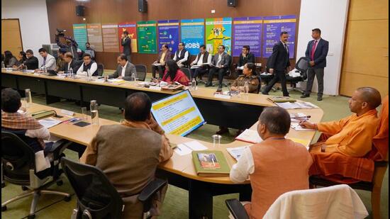 Chief minister Yogi Adityanath during the meeting with GB Nagar officials on Friday. (HT Photo)