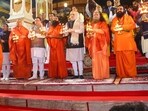  Union Home Minister Amit Shah with Swami Chidanand Saraswatiji, Uttarakhand Chief Minister Pushkar Singh Dhami and others participates in 'Ganga Aarti', at Parmarth Niketan Ashram in Rishikesh, Saturday, Dec. 9, 2023. (PTI)