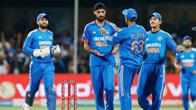 India captain Suryakumar Yadav and Arshdeep Singh celebrate the team's victory against Australia in the 5th T20I, at M. Chinnaswamy Stadium (BCCI-X) India captain Suryakumar Yadav and Arshdeep Singh celebrate the team's victory against Australia in the 5th T20I, at M. Chinnaswamy Stadium (BCCI-X)