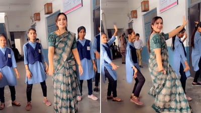 The image shows a teacher dancing to Gulabi Sharara with her students. (Instagram/@kajalasudanii) The image shows a teacher dancing to Gulabi Sharara with her students. (Instagram/@kajalasudanii)