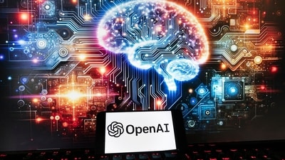 The OpenAI logo is displayed on a cell phone with an image on a computer monitor generated by ChatGPT's Dall-E text-to-image model. (AP)