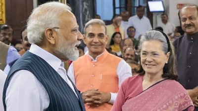 Prime Minister Narendra Modi and Congress leader Sonia Gandhi at the Central Hall of the old Parliament in New Delhi. (ANI) Prime Minister Narendra Modi and Congress leader Sonia Gandhi at the Central Hall of the old Parliament in New Delhi. (ANI)
