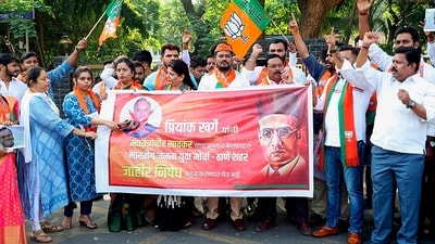 BJP Yuva Morcha workers protest outside the Thane Collector office against Karnataka Congress MLA Priyank Kharge's remarks on VD Savarkar. (PTI) BJP Yuva Morcha workers protest outside the Thane Collector office against Karnataka Congress MLA Priyank Kharge's remarks on VD Savarkar. (PTI)