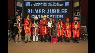 Punjab Vidhan Sabha speaker Kultar Singh Sandhwan confers a degree on a student in Faridkot on Saturday (HT Photo)