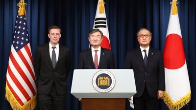 South Korea's National Security Adviser Cho Tae-yong, center, U.S. National Security Advisor Jake Sullivan, left, and Japan's National Security Secretariat Secretary-General Takeo Akiba. (AP)