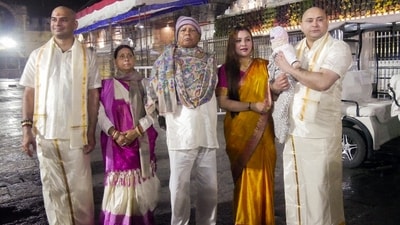 Tejashwi Yadav shared pictures of his family visit to Tirupati temple on X. He wrote, “This morning, I received positive energy and blessings from Lord Venkateshwara after having a divine darshan with my family at Lord Shri Tirupati Balaji Temple.. a wonderful example of excellent craftsmanship and a symbol of devotion, faith and reverence, located in the Tirumala Mountains of Andhra Pradesh… prayed for the happiness, peace, prosperity and welfare of the people of the state today.” (X/Tejashwi Yadav) Tejashwi Yadav shared pictures of his family visit to Tirupati temple on X. He wrote, “This morning, I received positive energy and blessings from Lord Venkateshwara after having a divine darshan with my family at Lord Shri Tirupati Balaji Temple.. a wonderful example of excellent craftsmanship and a symbol of devotion, faith and reverence, located in the Tirumala Mountains of Andhra Pradesh… prayed for the happiness, peace, prosperity and welfare of the people of the state today.” (X/Tejashwi Yadav)