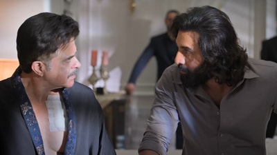 Anil Kapoor and Ranbir Kapoor in a still from Animal. Anil Kapoor and Ranbir Kapoor in a still from Animal.