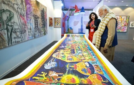 Prime Minister Narendra Modi views one of the exhibits at the opening of IAADB 2023 at Red Fort in Old Delhi. (HT Photo) Prime Minister Narendra Modi views one of the exhibits at the opening of IAADB 2023 at Red Fort in Old Delhi. (HT Photo)