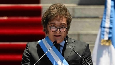Argentina's new president Javier Milei delivers a speech after swearing in during his inauguration ceremony. (AFP)