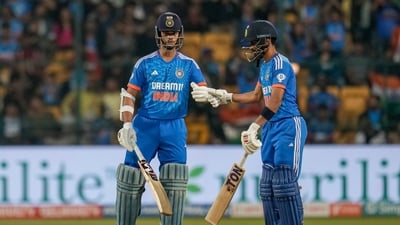 India's Ruturaj Gaikwad, right, fist bumps with batting partner Yashasvi Jaiswal during the fifth T20 cricket match between India and Australia (AP) India's Ruturaj Gaikwad, right, fist bumps with batting partner Yashasvi Jaiswal during the fifth T20 cricket match between India and Australia (AP)