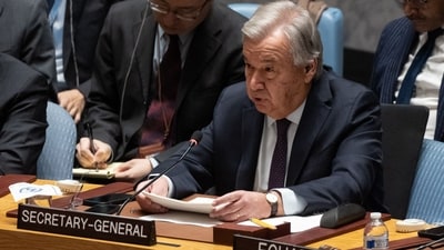 Israel-Hamas War: UN Secretary-General Antonio Guterres speaks during a United Nations Security Council meeting on Gaza. (AFP) Israel-Hamas War: UN Secretary-General Antonio Guterres speaks during a United Nations Security Council meeting on Gaza. (AFP)