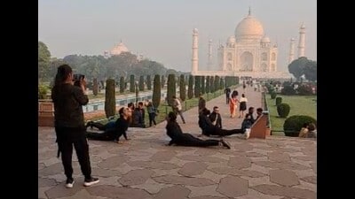 Women performing Yoga at Taj Mahal on Sunday. (Ranvijay Singh/HH)