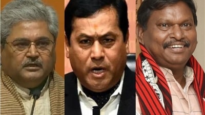 BJP general secretary Dushyant Kumar Gautam (L). Union minister Sarbananda Sonowal (C), Arjun Munda (R) BJP general secretary Dushyant Kumar Gautam (L). Union minister Sarbananda Sonowal (C), Arjun Munda (R)