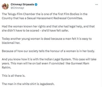 Chinmayi shared an article about Jagadeesh's arrest.
