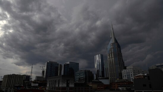 A storm front approaches downtown Nashville, Tenn which spawned an apparent tornado north of the city on Saturday.(AP)